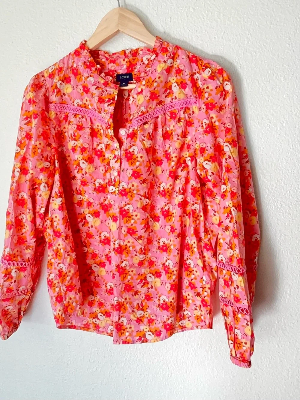 J. Crew Pink Floral Cotton Voile Blouse with Lace Insets